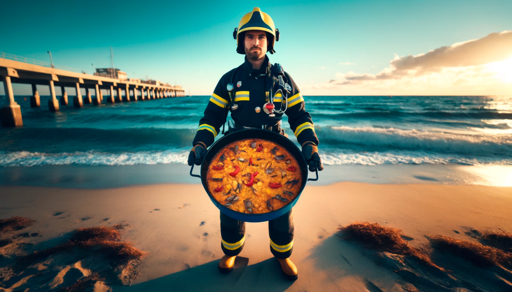 Bombero con una paella en las manos en la playa.