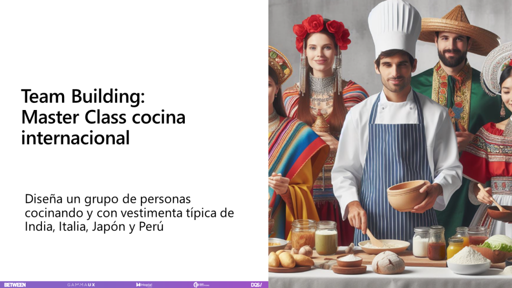 Diseña un grupo de personas cocinando y con vestimenta típica de India, Italia, Japón y Perú.. Y me genera 4 imágenes y me quedo con esta que véis. Esto lo utilizamos para una actividad Team Building que organizamos el viernes pasado en nuestra sede de Barcelona, era una Master Class de cocina internacional. Luego el texto, a partir de una breve descripción, me montó el horario, la ubicación y la descripción del evento para la comunicación.