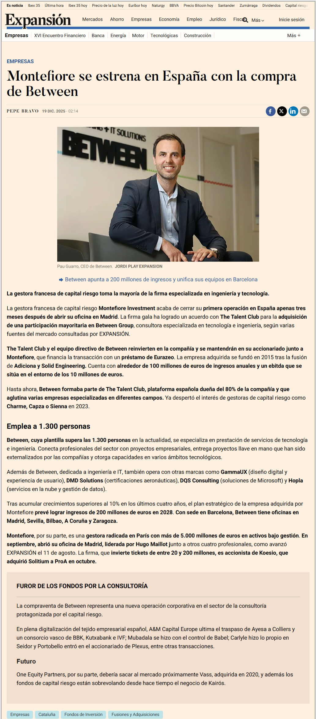 Montefiore se estrena en España con la compra de Between